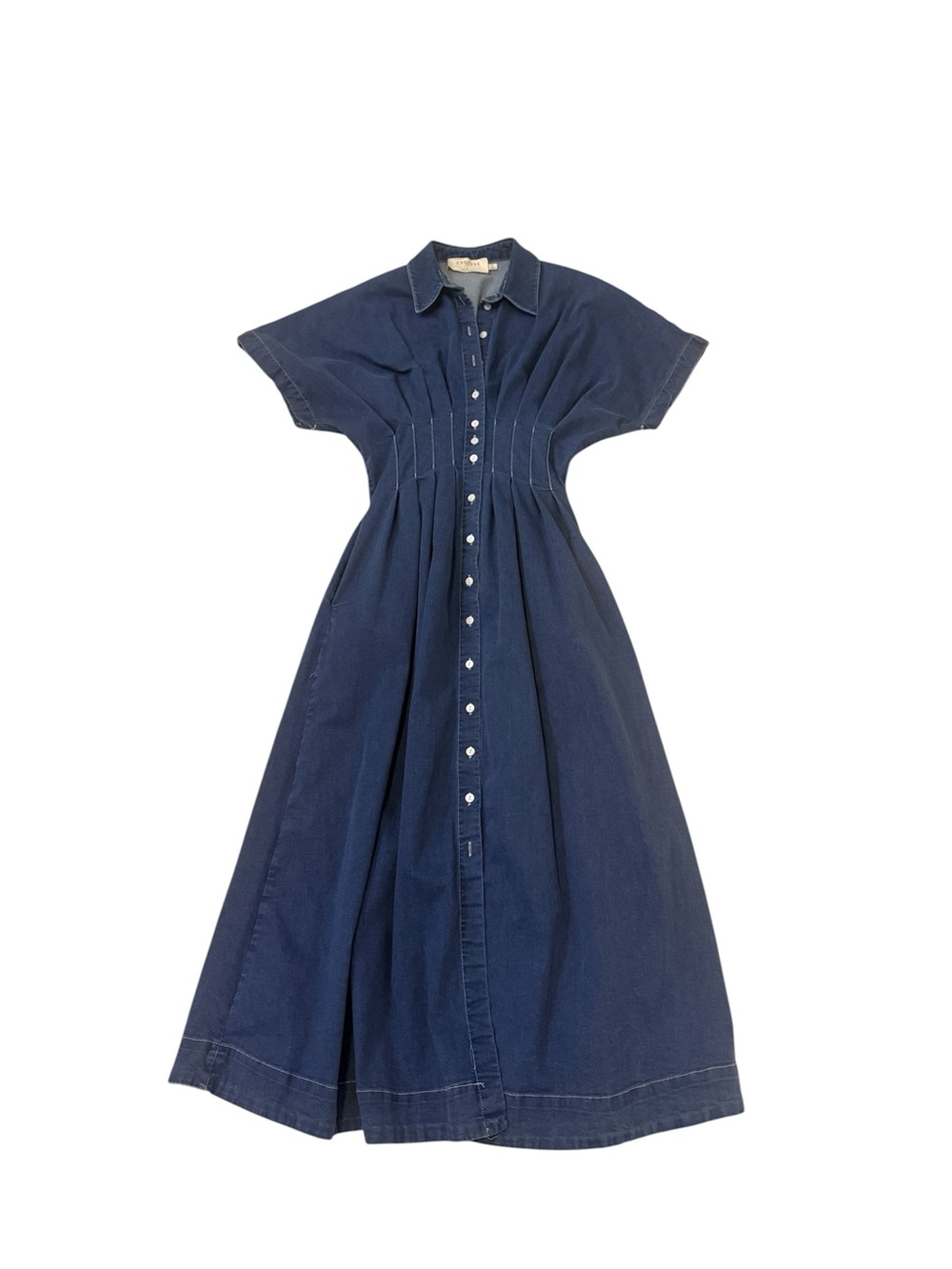 Button-Front Denim Midi Dress with Fitted Pleats